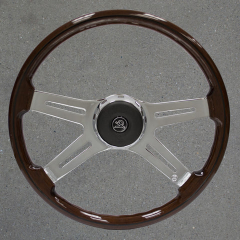 VIP39 PETERBILT 18" diameter, genuine mahogany, 4-spoke wheel. Spokes are chrome plated with slots. (Do not use as grab handle)